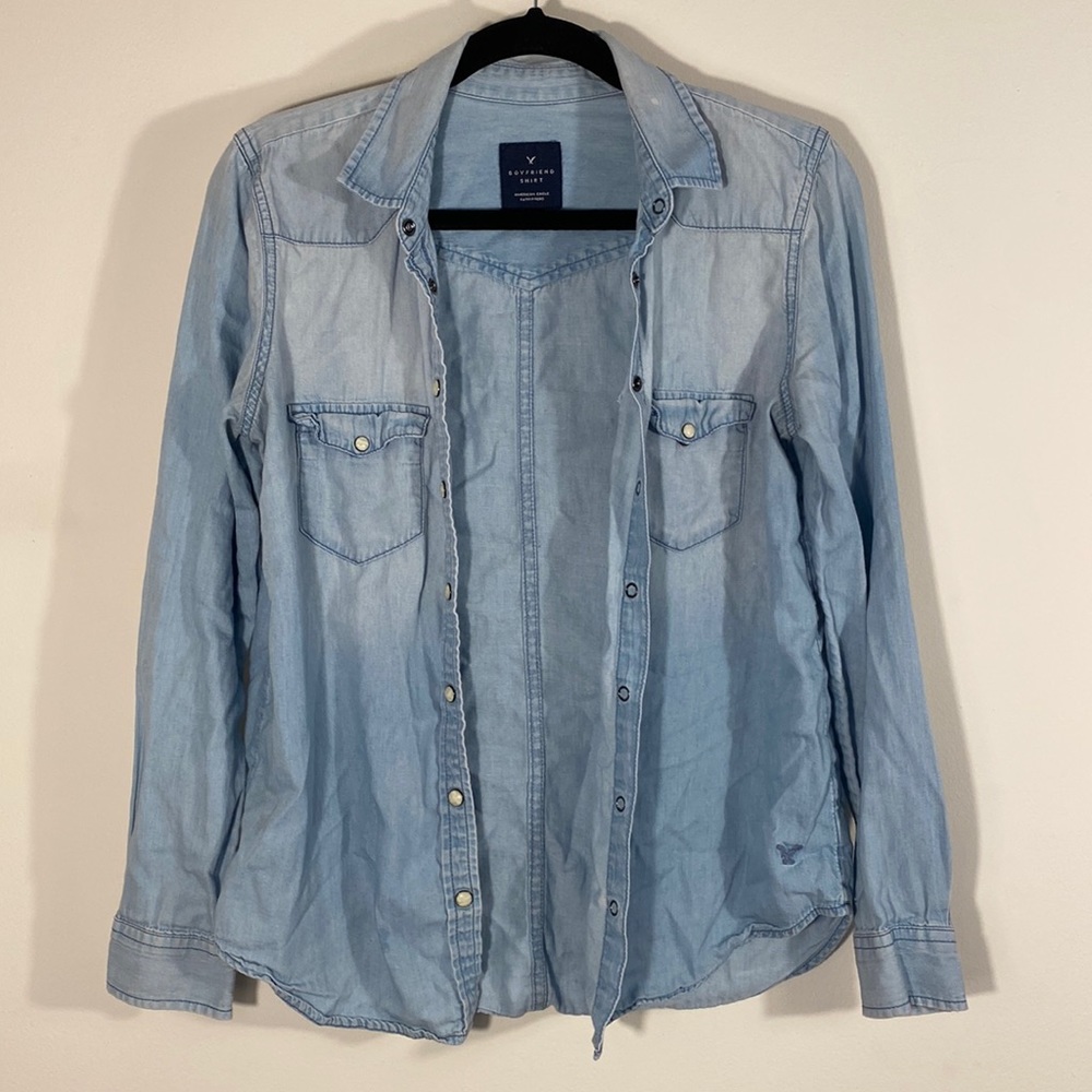 American Eagle Boyfriend Shirt Women’s Pearl Snap Blue Longsleeve